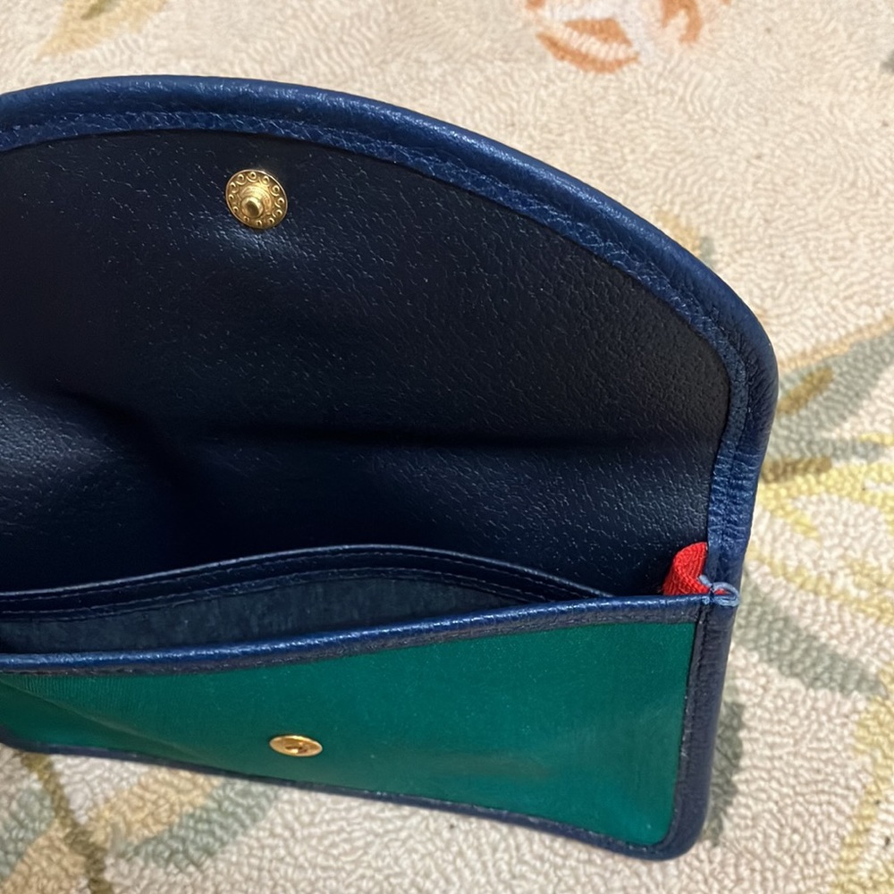 Longchamp green yellow coated canvas wallet with blue leather trim. - Picture 5 of 5